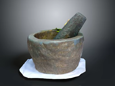 Traditional Stone Mortar Pestle Kitchen Essential for Grinding Herbs on White Pad 3d model
