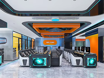 Modern Cybercafe Space With High Tech Gaming Computers 3d model
