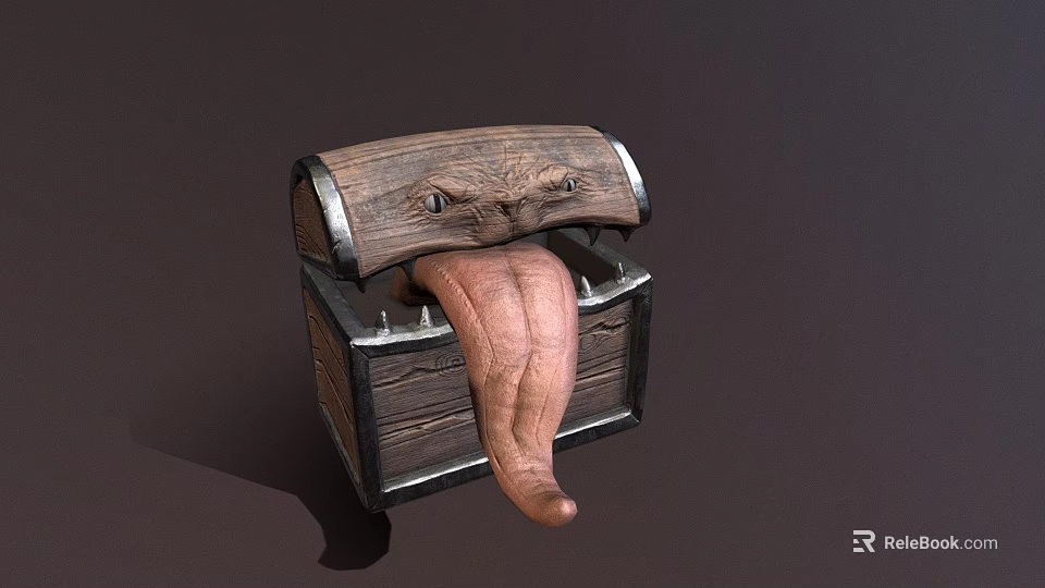 Creative Anthropomorphic Wooden Chest with Carved Eyes and Extended Tongue 3d model 
