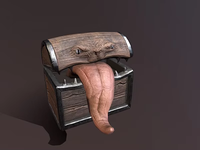 Creative Anthropomorphic Wooden Chest with Carved Eyes and Extended Tongue 3d model