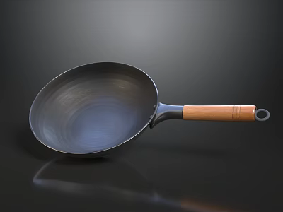 Traditional Black Iron Wok With Natural Wooden Handle On Dark Surface 3d model