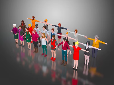 Diverse Cartoon Characters Holding Hands Standing In A Row With Gray Background And Floor Reflection 3d model
