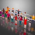 Diverse Cartoon Characters Holding Hands Standing In A Row With Gray Background And Floor Reflection