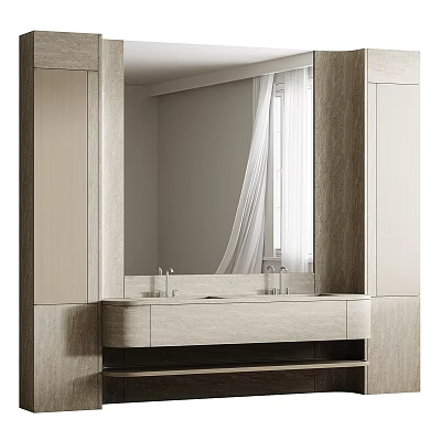Modern Bathroom Vanity With Stone Countertop Double Faucets And Large Mirror 3d model