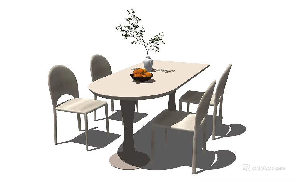 Light Colored Oval Dining Table Set With Four Chairs Vase And Fruit Bowl 3d model