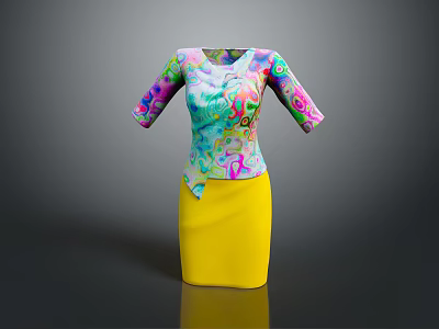 Stylish Colorful Patterned Top With Three Quarter Sleeves And Yellow Skirt 3d model