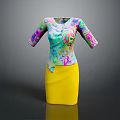 Stylish Colorful Patterned Top With Three Quarter Sleeves And Yellow Skirt