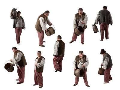 Man Carrying Wooden Bucket Showing Different Poses and Various Movements 3d model