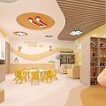 Vibrant Children's Activity Room With Yellow Chairs Round Table Bookshelves And Cartoon Decorations