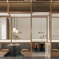 Japanese Style Restaurant Interior With Wooden Wine Rack Pendant Lights Booths And Wall Art