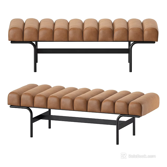 Modern Brown Leather Bench With Cylindrical Cushions And Black Metal Frame Design 3d model 