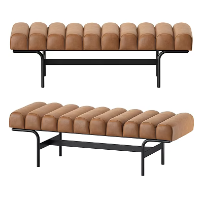 Modern Brown Leather Bench With Cylindrical Cushions And Black Metal Frame Design 3d model