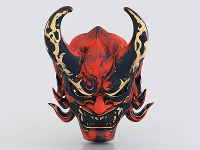 Traditional Decorative Mask With Red Black Gold Horns And Intricate Carvings 3d model