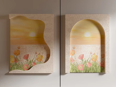 Decorative Wall Art With Sunset Landscape Grass And Colorful Flowers In Unique Shapes 3d model