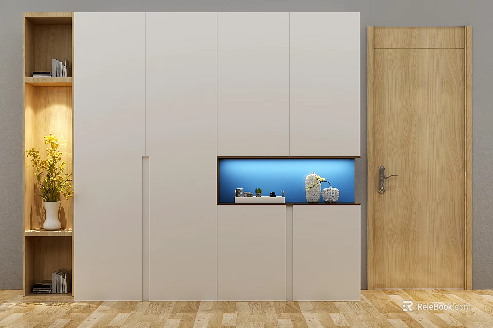 Sleek Modern White Wardrobe With Blue LED Light Section And Decorative Storage 3d model 