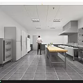 Modern Spacious Commercial Kitchen Interior With Central Wooden Worktable Stainless Steel Appliances And Ceiling Lighting