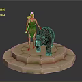Female Figure With Bear On Circular Stone Platform Covered In Moss