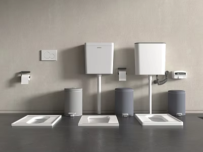 Three Modern Toilets White Cisterns Gray Bins Toilet Paper Holders Light Gray Wall Dark Floor 3d model
