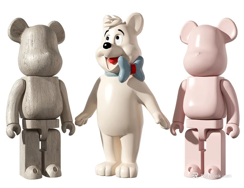 Stuffed Bear Dolls Featuring Bow Tie And Gray Pink Color Variations 3d model