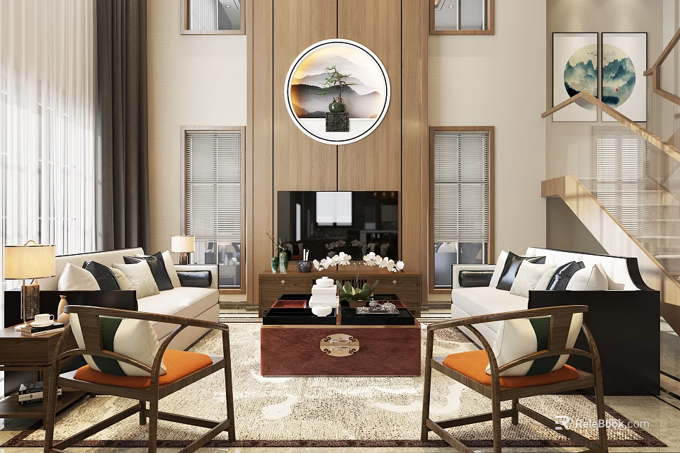 Modern Duplex Living Room Interior With Sofa Coffee Table Rug And Circular Wall Art 3d model