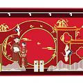 Chinese Style Window Display Decoration With Red Paper cut Art Traditional Figures And Bamboo Pavilion