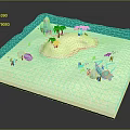 Cartoon Tropical Island Scene With Green Palm Trees Blue Water And Geometric Ice Pieces