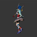 Game Anime Character With Blue Hair Feathered Hat And Magic Staff In Colorful Dress