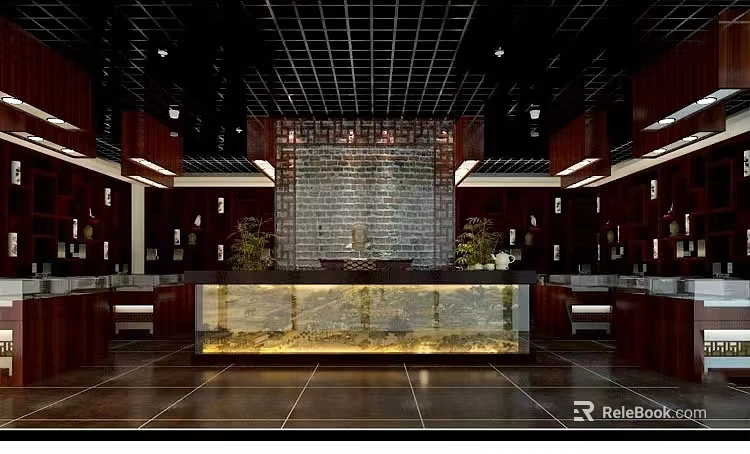 Cultural Center Interior Lobby with Reception Desk Stone Feature Wall Grid Ceiling and Wooden Decorations 3d model 
