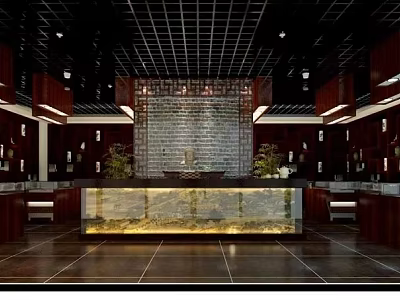 Cultural Center Interior Lobby with Reception Desk Stone Feature Wall Grid Ceiling and Wooden Decorations 3d model
