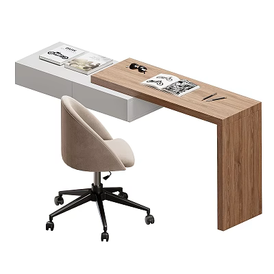 Modern Walnut Desk And Beige Wheeled Chair Set With Magazines Pens And Sleek Storage 3d model