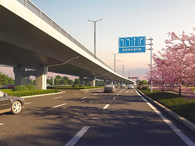 Municipal Road Featuring Elevated Bridge Street Lights Traffic Signs Vehicles And Cherry Blossom Trees 3d model