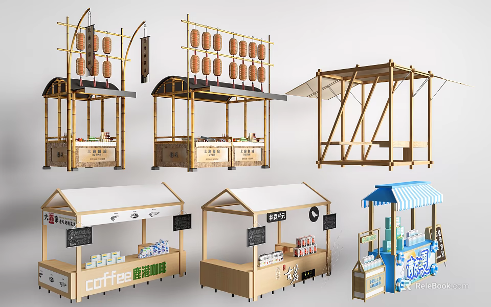 Outdoor Garden Ornaments With Bamboo Frames Wooden Stalls Awnings And Hanging Lanterns 3d model 