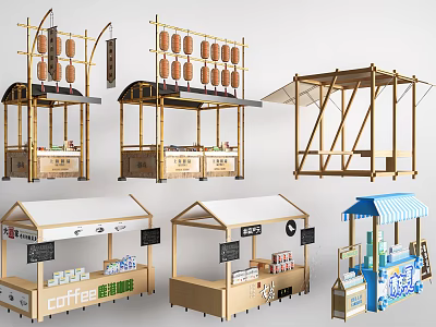 Outdoor Garden Ornaments With Bamboo Frames Wooden Stalls Awnings And Hanging Lanterns 3d model