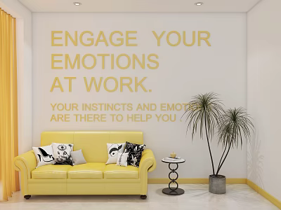 School Lounge Interior With Yellow Sofa Emotional Engagement Quotes And Potted Plants 3d model