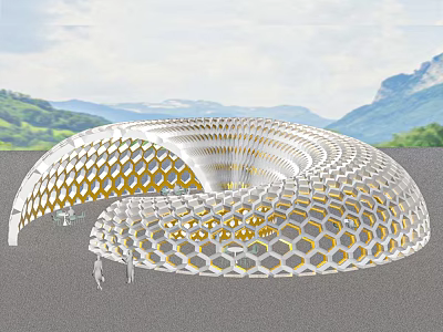 Modern Spiral Pergola Design With Honeycomb Structure And Mountain Green Landscape 3d model