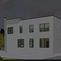 Modern Two Story Detached Villa with Large Windows Bright Lighting Parking Space and Greenery
