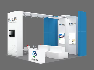 ZHU Road Machinery Exhibition Booth With White Blue Design Sofa Chairs Display Screens And Spotlights 3d model