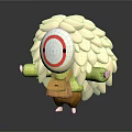 Cartoon Creature With White Fluffy Fur Red Circle Face Green Arms And Brown Bag