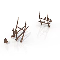 Simple Wooden Branch Structures With Small Figurines On White Background