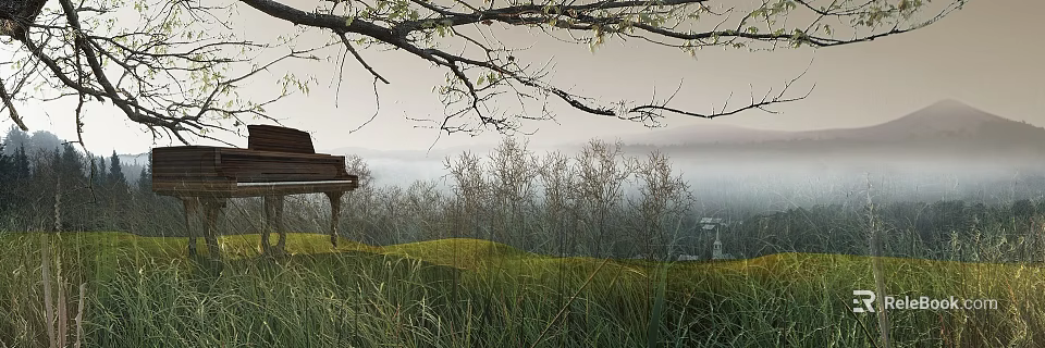 Vintage Piano In Misty Grassland With Hanging Tree Branches And Distant View 3d model 