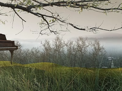 Vintage Piano In Misty Grassland With Hanging Tree Branches And Distant View 3d model