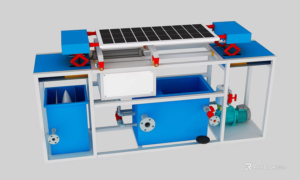 Functional Industrial Equipment With Solar Panels Blue Components Pipes And Motor Frame 3d model