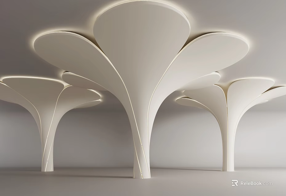 White Modern Columns With Petal Shaped Design And Edge Lighting In Interior Space 3d model