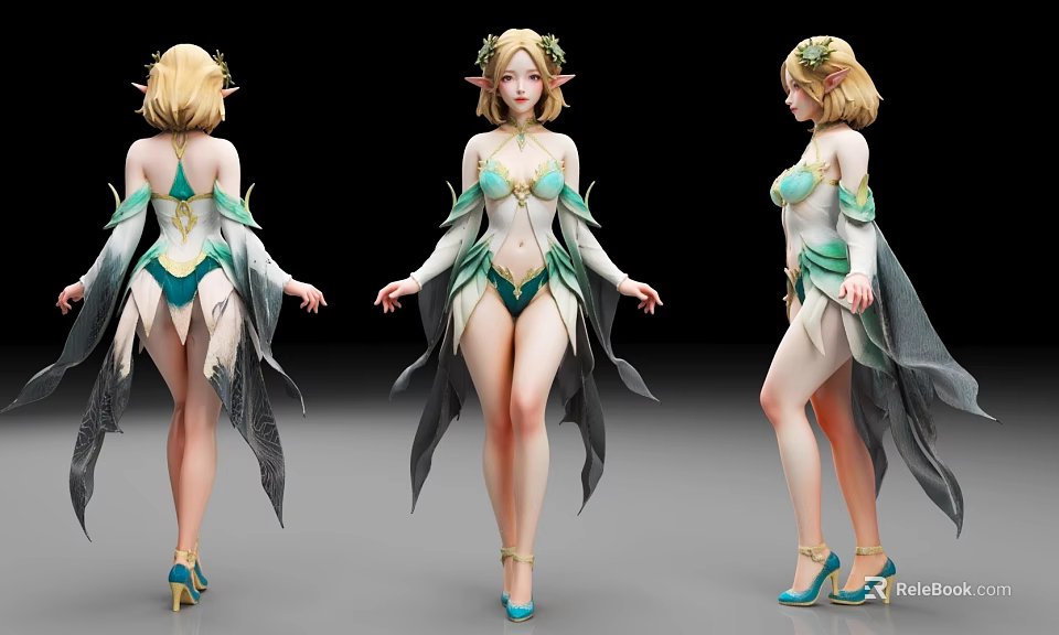Elven Woman In Green And White Outfit With Leaf Crown Flowing Skirt And High Heels 3d model 