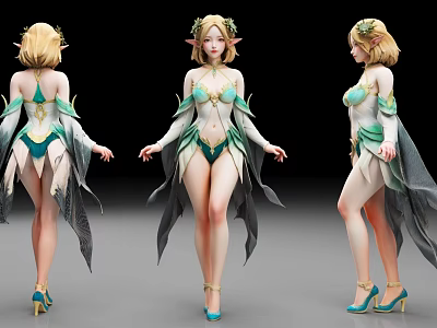 Elven Woman In Green And White Outfit With Leaf Crown Flowing Skirt And High Heels 3d model