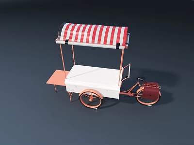 Functional Mobile Food Cart With Red White Striped Awning White Countertop Orange Frame And Wheels 3d model