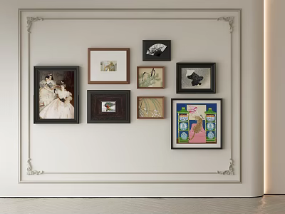 Multiple Abstract Paintings with Various Frames Hung on White Wall with Decorative Borders 3d model