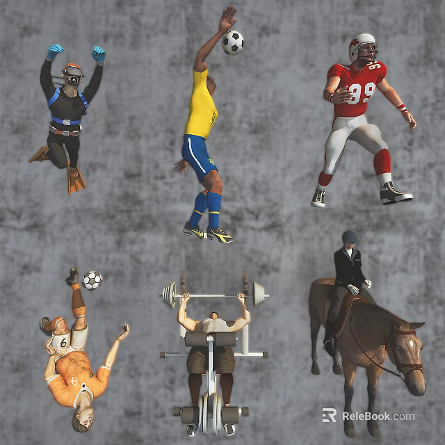 Group of People Engaged in Various Sports Activities Like Soccer Weightlifting Horse Riding and Gymnastics 3d model 