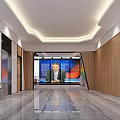 Modern Elevator Lobby Interior With Marble Floor Wooden Wall And Digital Screen 3d model