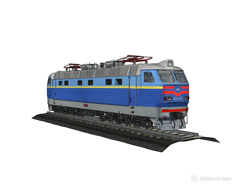 Blue Electric Locomotive Train With Yellow Stripes And Red Front On Tracks 3d model 